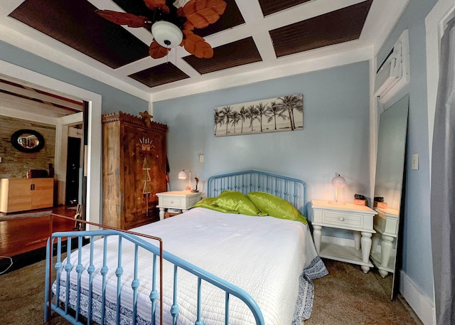 carpeted bedroom featuring coffered ceiling, beam ceiling, and ceiling fan