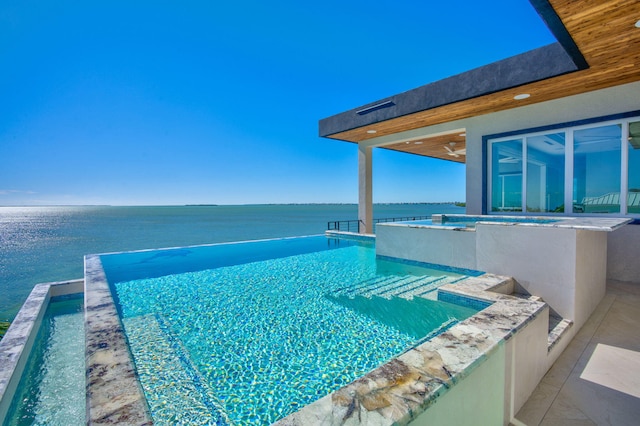 view of pool with a water view and a hot tub