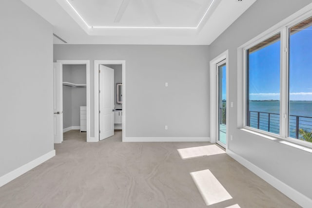 unfurnished bedroom featuring a spacious closet, access to exterior, a tray ceiling, a water view, and light carpet