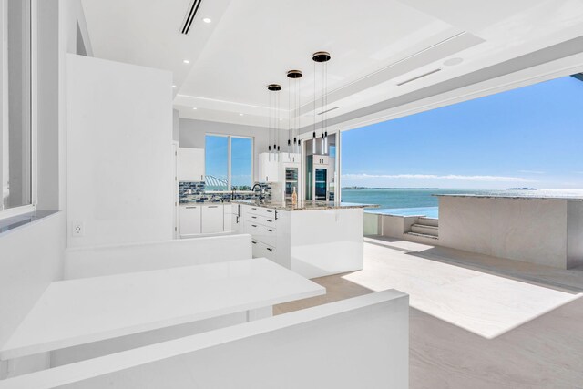 interior space featuring a water view, a tray ceiling, sink, and a wealth of natural light