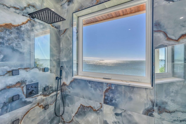 details with a shower and a water view