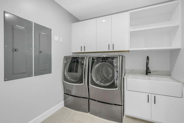 laundry room with cabinets, sink, electric panel, and independent washer and dryer