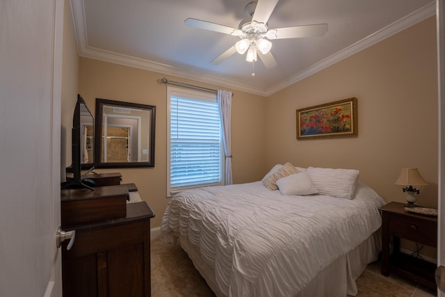 bedroom with crown molding and ceiling fan