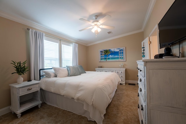 bedroom with ceiling fan, ornamental molding, and tile patterned flooring