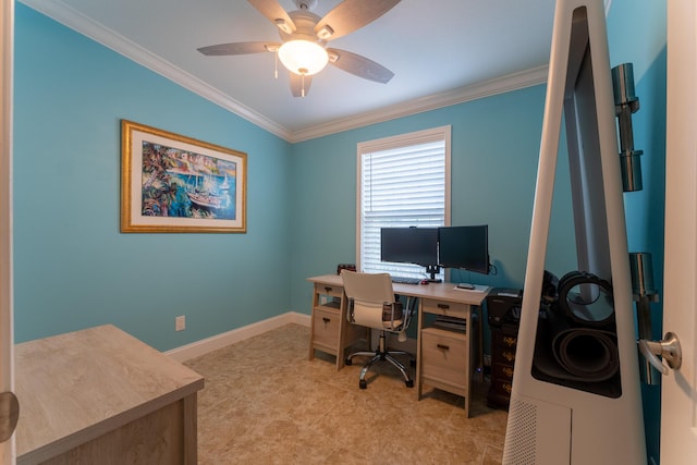 office area with crown molding and ceiling fan