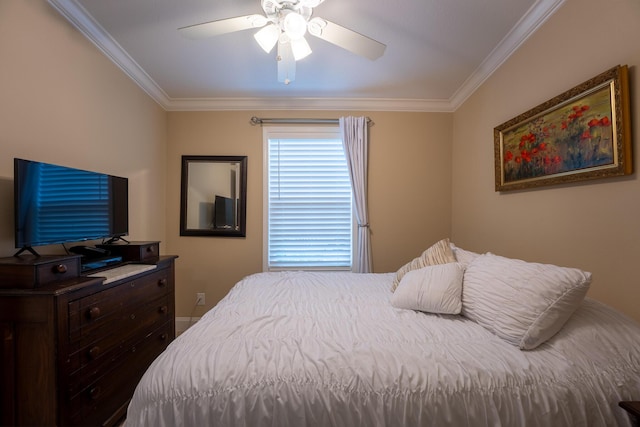 bedroom featuring ceiling fan and ornamental molding