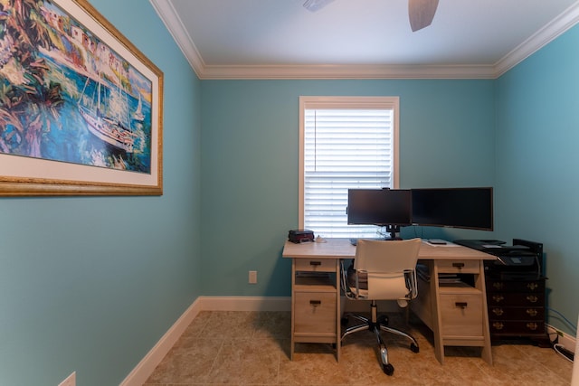 office featuring ornamental molding, light tile patterned flooring, and ceiling fan