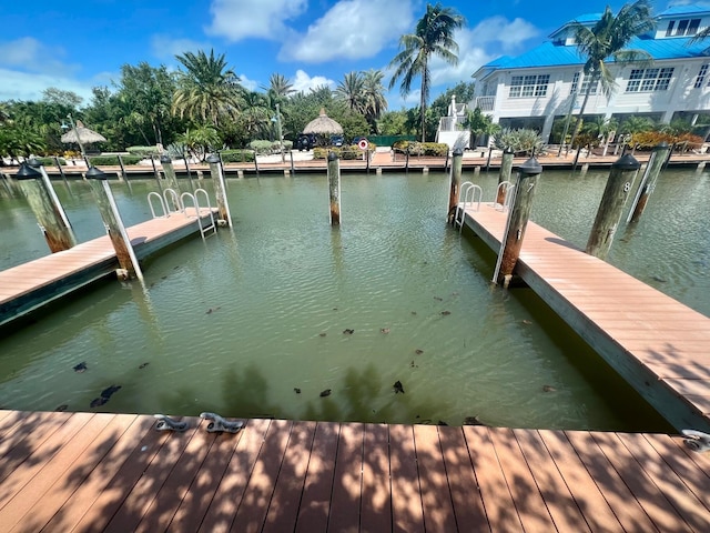 view of dock with a water view