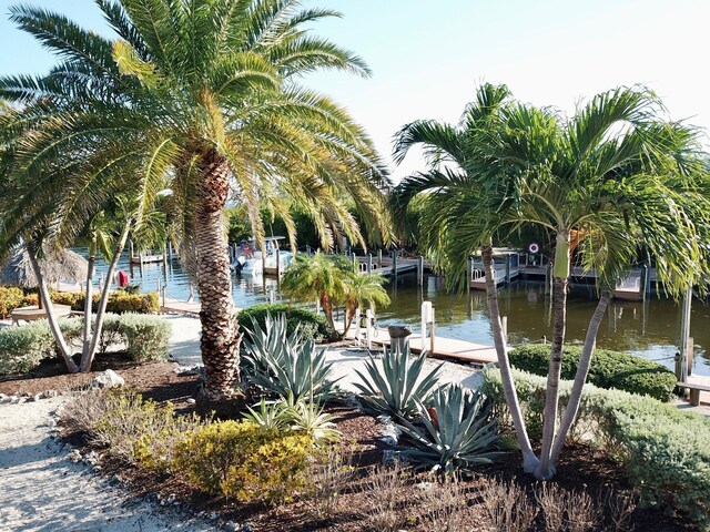 view of property's community featuring a dock and a water view