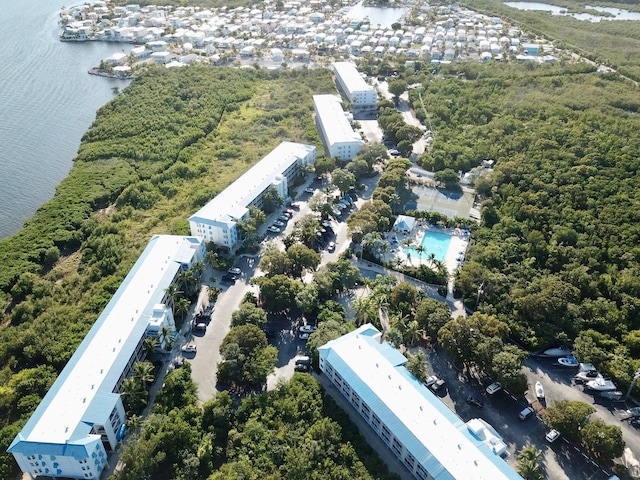 drone / aerial view with a water view