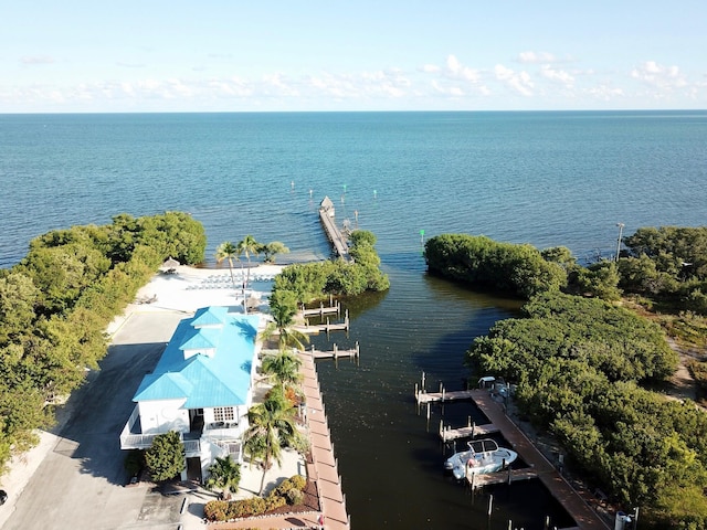 drone / aerial view featuring a water view