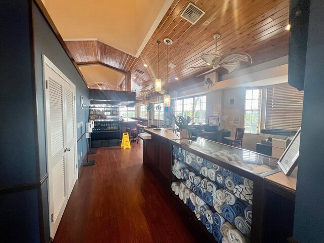 kitchen with ceiling fan, high vaulted ceiling, dark wood-type flooring, and wood ceiling