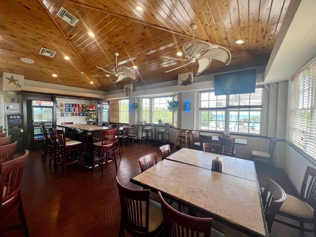 dining room featuring ceiling fan, lofted ceiling, dark hardwood / wood-style flooring, and wooden ceiling