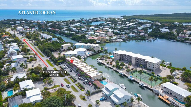 bird's eye view with a water view