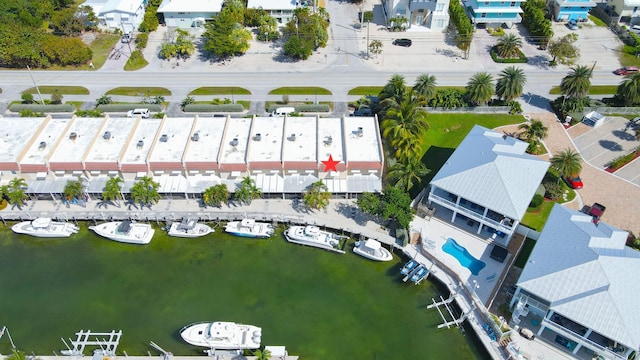 aerial view featuring a water view