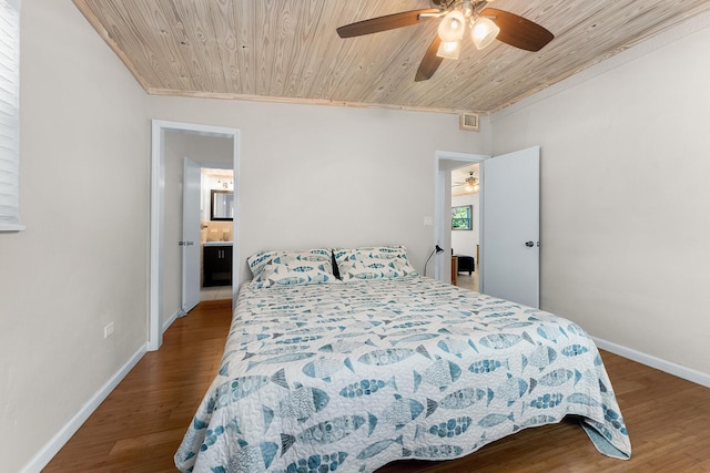 bedroom featuring wood ceiling, ceiling fan, and wood-type flooring