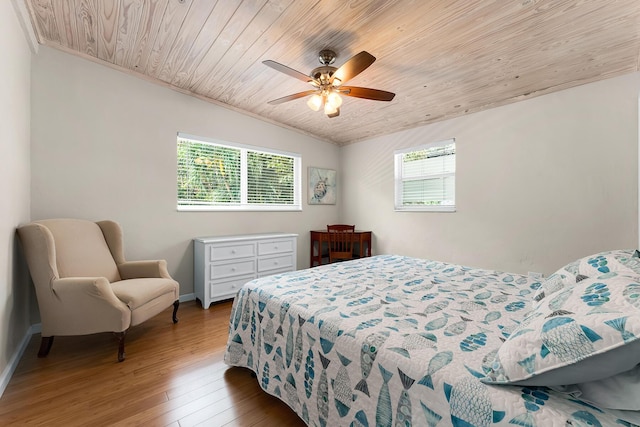 bedroom with multiple windows, hardwood / wood-style flooring, lofted ceiling, and wooden ceiling