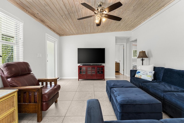 living room with ceiling fan, ornamental molding, light tile patterned floors, and wood ceiling