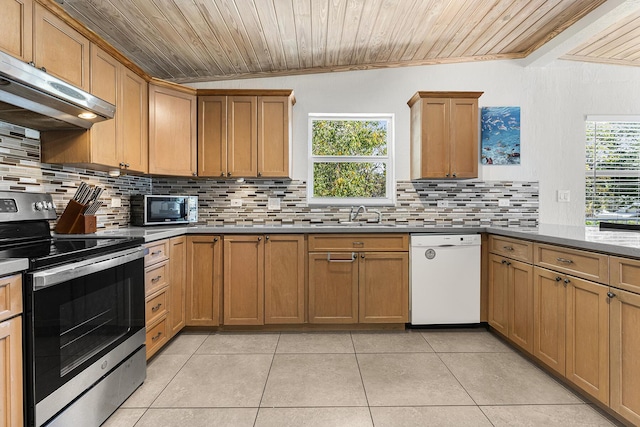 kitchen with electric stove, dishwasher, sink, and wooden ceiling