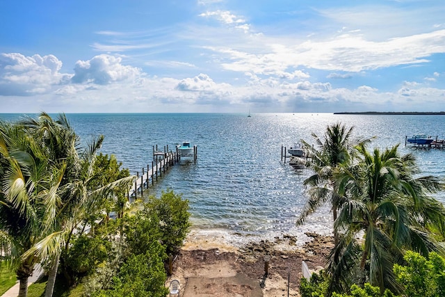 view of dock with a water view and a beach view