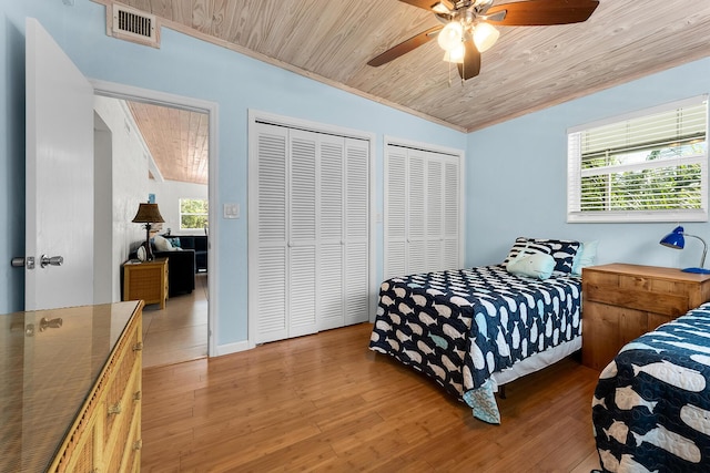 bedroom with ceiling fan, two closets, hardwood / wood-style floors, and wood ceiling