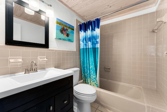 full bathroom with tile walls, vanity, shower / tub combo, toilet, and tile patterned floors