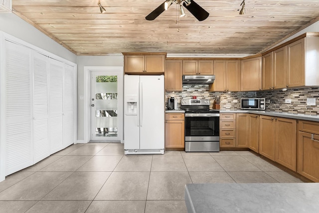 kitchen with stainless steel range with electric stovetop, light tile patterned floors, wood ceiling, and white refrigerator with ice dispenser