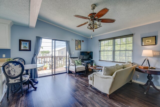 living room featuring dark hardwood / wood-style flooring, a textured ceiling, vaulted ceiling, and ceiling fan