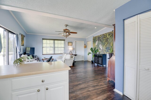 kitchen with white cabinetry, a textured ceiling, crown molding, and a healthy amount of sunlight