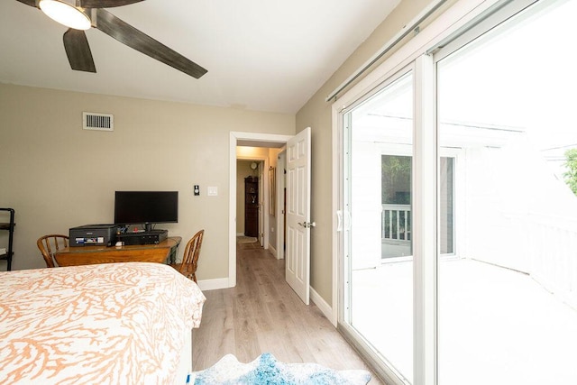 bedroom with ceiling fan, visible vents, access to exterior, baseboards, and light wood finished floors