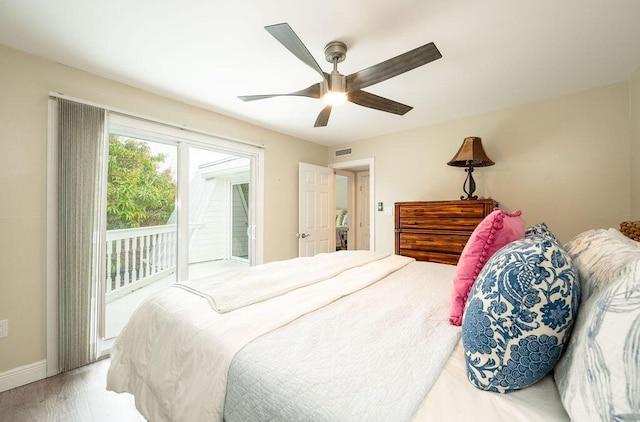 bedroom with access to exterior, light wood finished floors, visible vents, ceiling fan, and baseboards