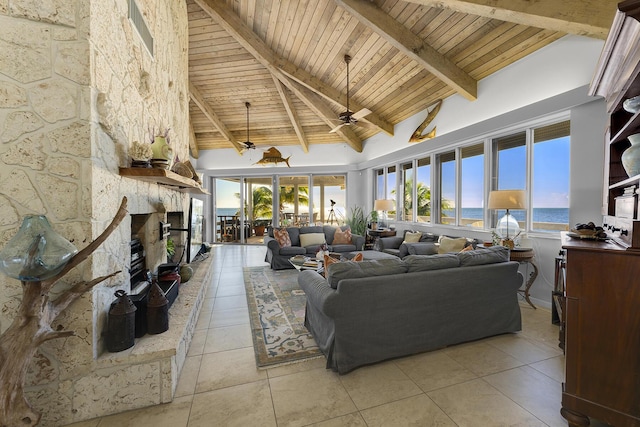 living room featuring high vaulted ceiling, a fireplace, beamed ceiling, a water view, and wooden ceiling