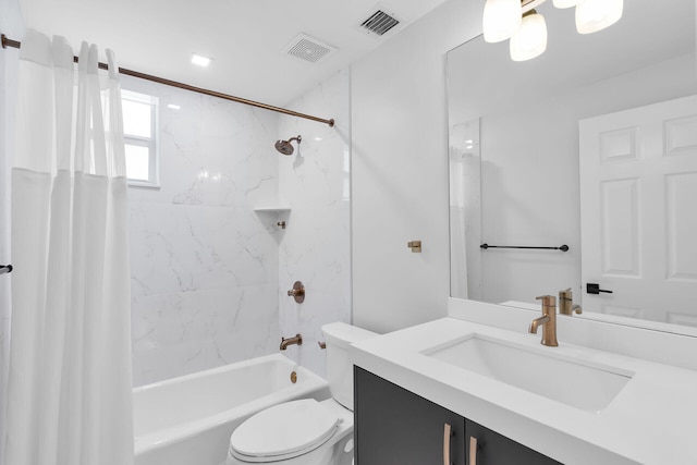 full bathroom with shower / bath combination with curtain, toilet, and vanity