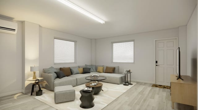 living area with wood finished floors, a wall mounted air conditioner, and baseboards