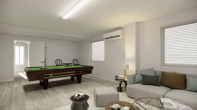 game room featuring light wood-type flooring, billiards table, plenty of natural light, and baseboards