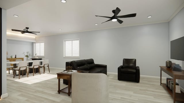 living room with a ceiling fan, ornamental molding, light wood-style flooring, baseboards, and recessed lighting