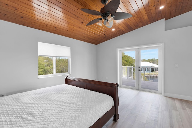 bedroom with multiple windows, lofted ceiling, access to outside, light wood finished floors, and wood ceiling