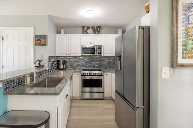 kitchen with decorative backsplash, appliances with stainless steel finishes, a peninsula, white cabinets, and a sink