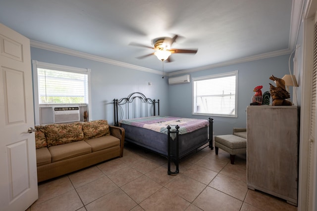 bedroom featuring ornamental molding, a wall mounted AC, multiple windows, and light tile patterned floors