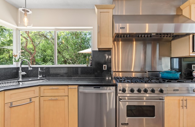 7563 Gulfstream Blvd, Marathon, FL 33050 - kitchen featuring appliances with stainless steel finishes, light brown cabinets, wall chimney exhaust hood, tasteful backsplash, and dark countertops