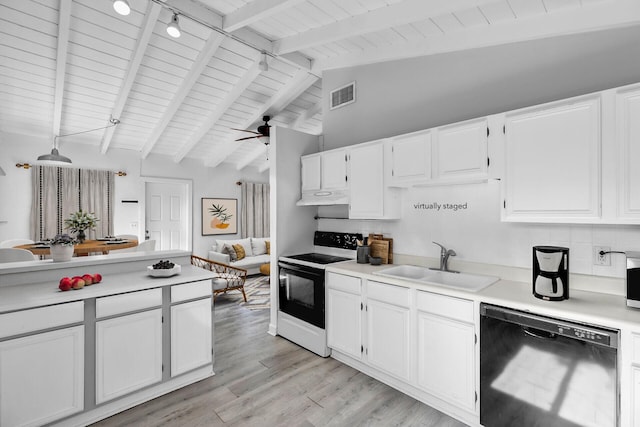 kitchen featuring electric range oven, decorative light fixtures, white cabinetry, black dishwasher, and sink