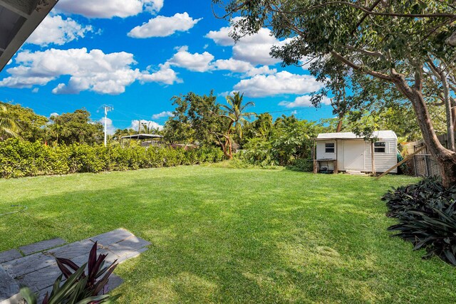 view of yard featuring a storage shed