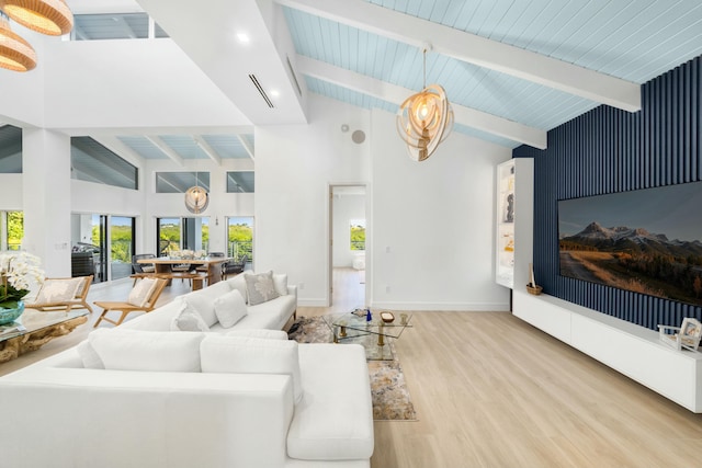 living room featuring beamed ceiling, high vaulted ceiling, and light wood-type flooring