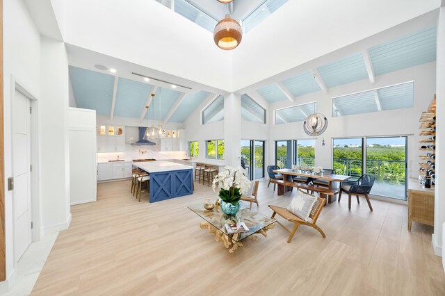 interior space featuring plenty of natural light, high vaulted ceiling, and light hardwood / wood-style flooring