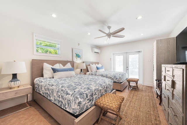 bedroom featuring french doors, ceiling fan, a wall unit AC, and access to outside