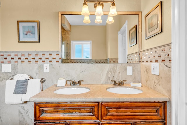 321 Calzada De Bougainville, Marathon, FL 33050 - full bathroom featuring double vanity, a chandelier, and tile walls