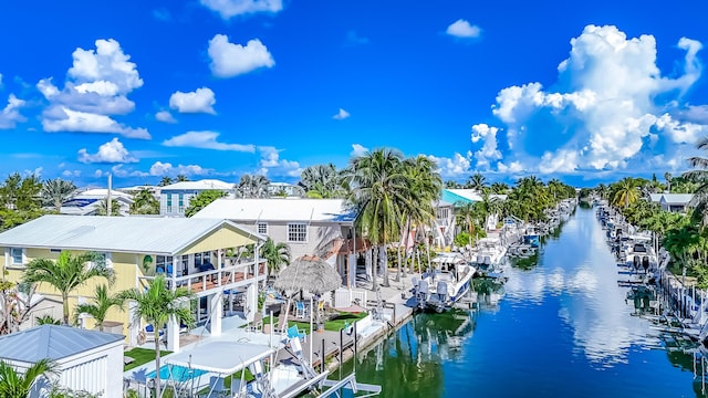 drone / aerial view featuring a water view