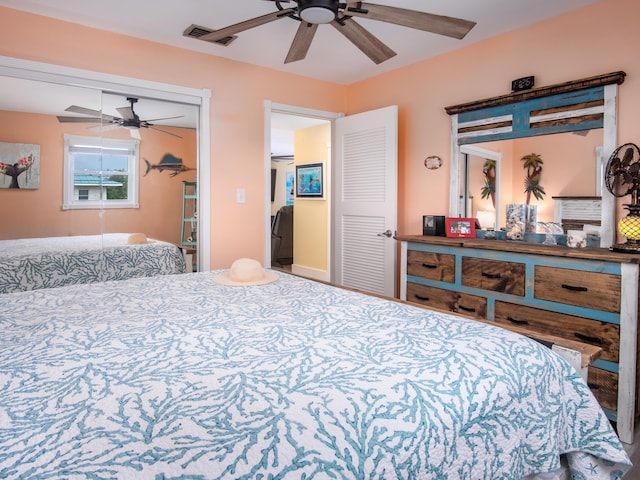 bedroom featuring a closet and ceiling fan