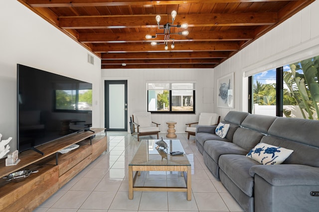 tiled living room with wooden ceiling and beam ceiling