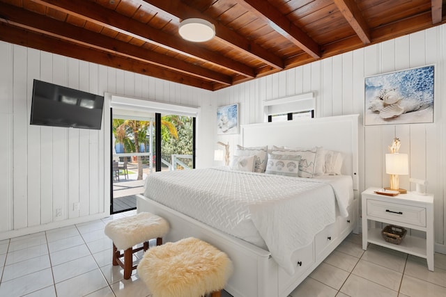 tiled bedroom featuring access to exterior, wooden ceiling, and beamed ceiling